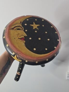 Vintage 90s Handpainted Celestial Crescent Moon Star Wooden Stool